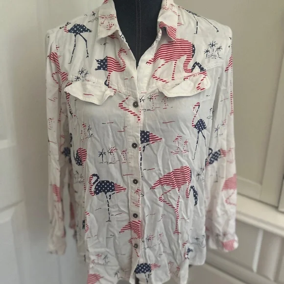 NIC+ZOE Patriotic Print Shirt July 4th flamingo red white blue medium - Picture 1 of 5